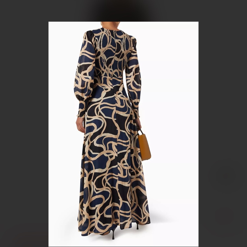Elegant Navy Beige Pattern bird & knoll sunset maxi cotton dress fit xs/small - Picture 2 of 10